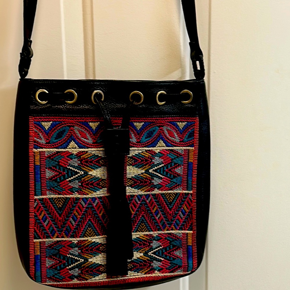 Johnny Was Crossbody Black Leather and Multicolor Patterned Women's Bag